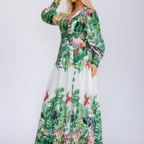 LONG SLEEVE V-NECK FRONT SLIT FLORAL PRINT MAXI DRESS - Picture 2 of 6
